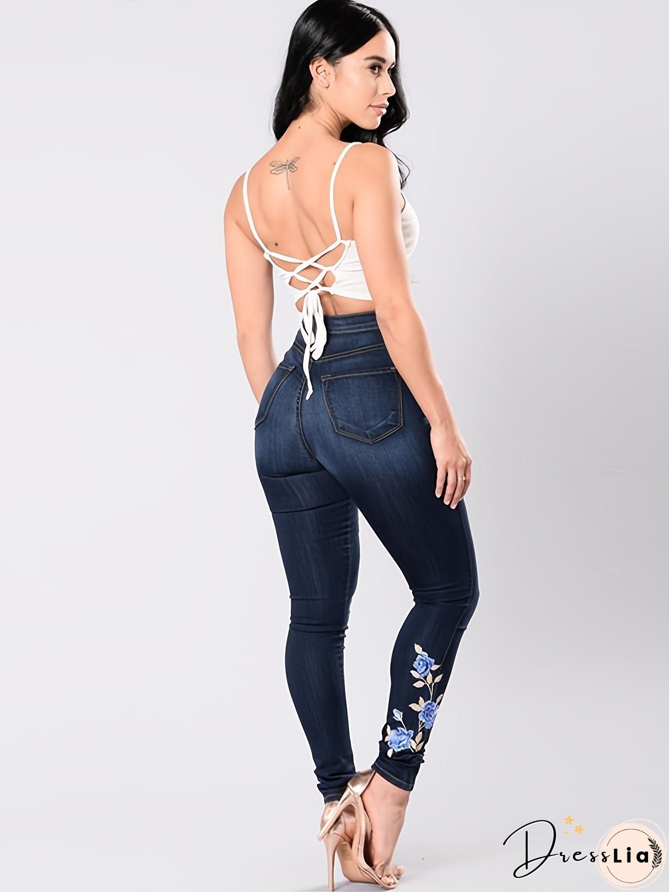 Blue Floral Embroidery Skinny Jeans Zipper Button Closure Medium Strech Elegant Denim