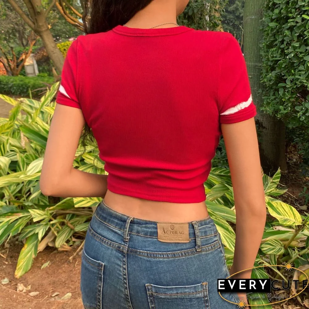 Printed Crop Top Knitted T Shirt Harajuku Tee Top Short Sleeve Tshirt O Neck Pullovers Women Casual Cute Top 90S