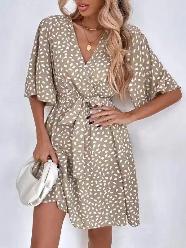 Loose Pleated Printed Ruffled Tied Waist V-Neck Mini Dresses