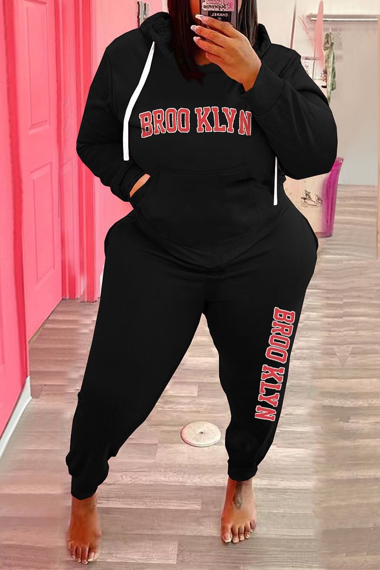 Plus Size Sporty Graphic Hooded Long Sleeve Two Pieces Set
