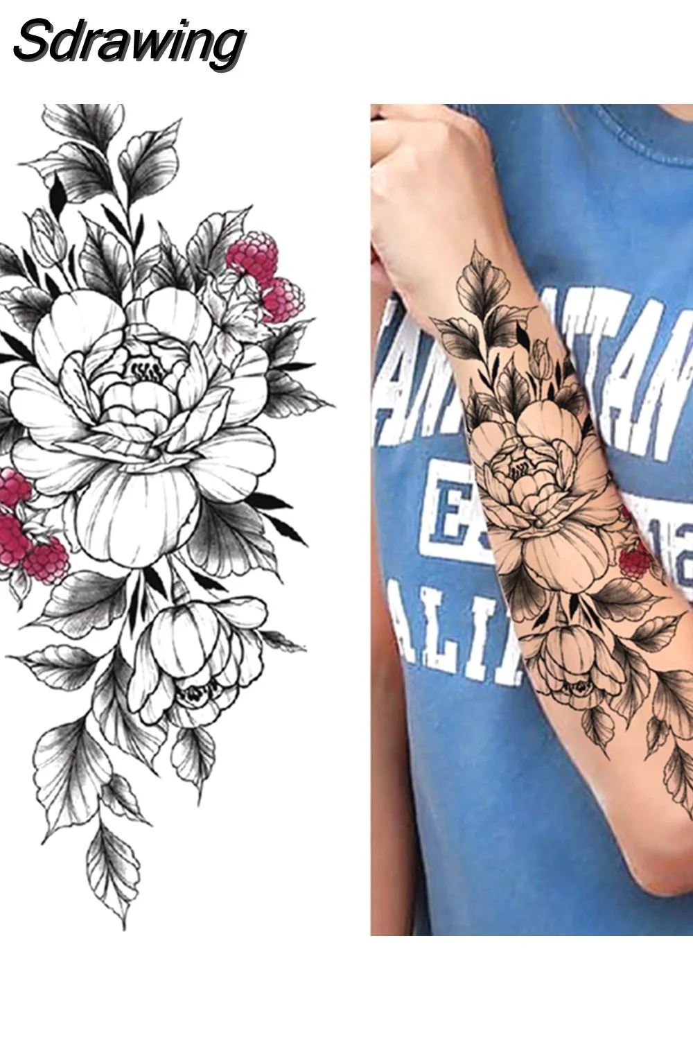 Sdrawing Fake Peony Temporary Tattoos For Women Girl Black Rose Elephant Flower Tattoo Sticker Tiger Anemone Tatoos Half Sleeve 521-1