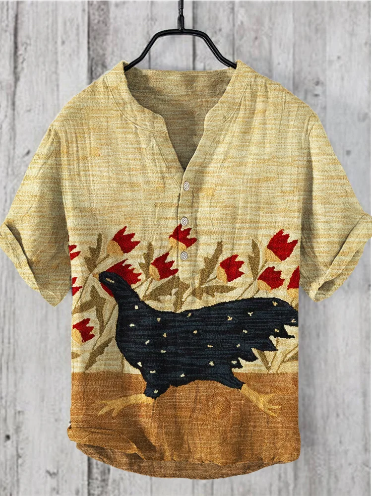 Running Chicken & Floral Print Linen V-Neck Shirt