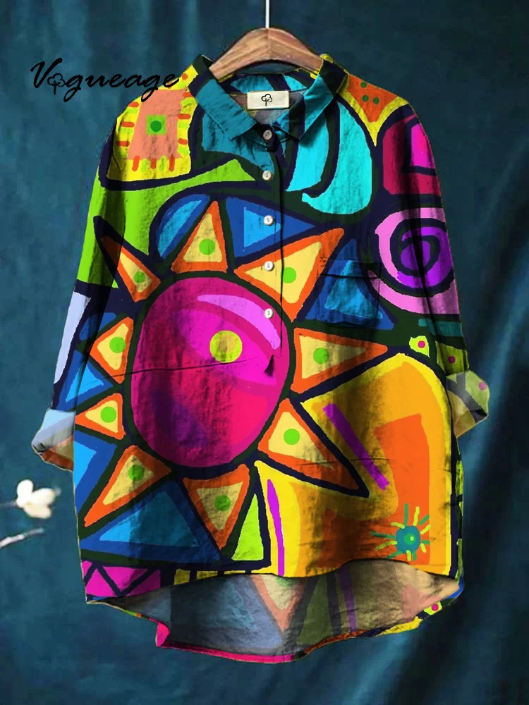 Simple And Stylish Splicing Color Block Sun Print Cotton And Linen Shirt