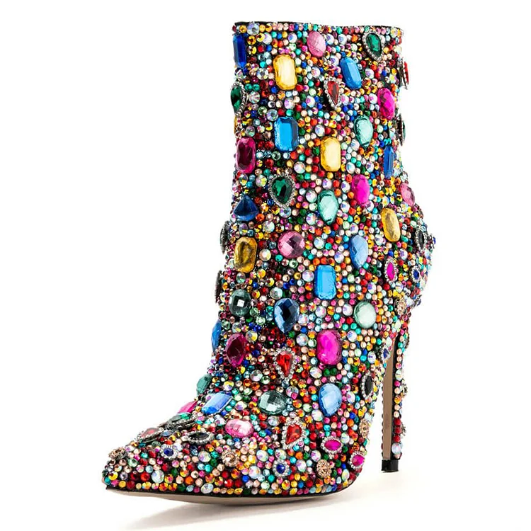 Multicolor Pointed Toe Stiletto Booties Rhinestone Decor Ankle Boots |FSJ Shoes