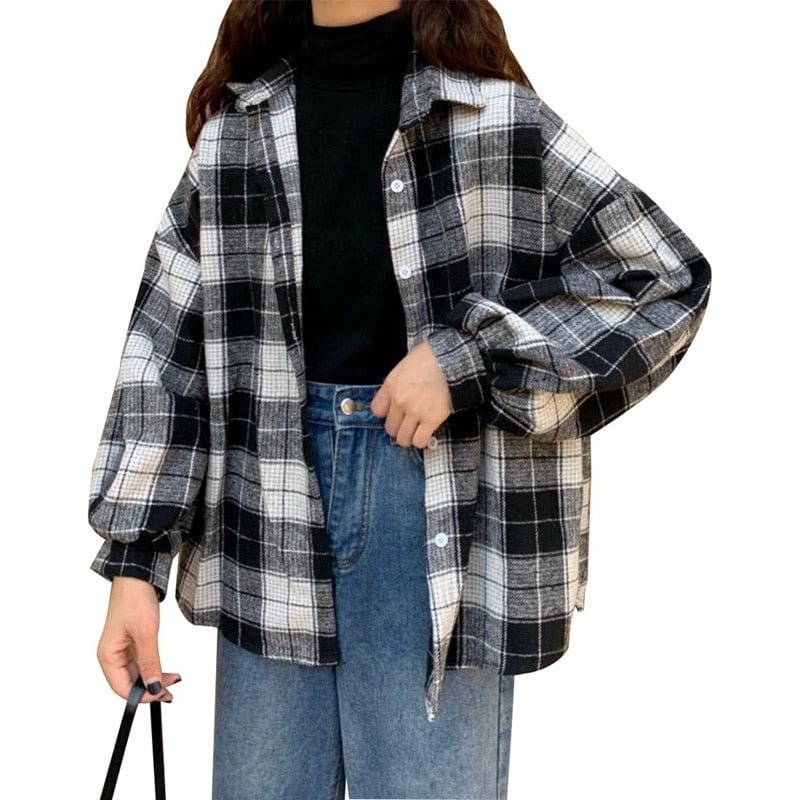 Muyogrt Women Blouses Turn-down Collar Spring Shirt Plaid All-match BF Batwing-sleeve Loose Outwear Harajuku Female 4 Color Chic