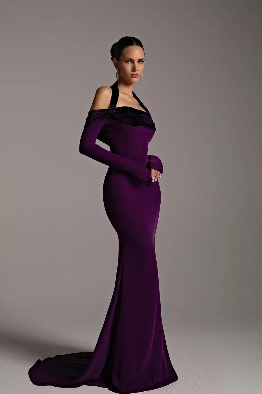 Daisda Chic Regency Satin Off the Shoulder Halter Long Sleeves Mermaid ...