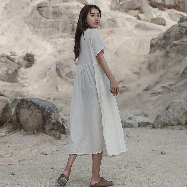 Literary Solid Color Cotton And Linen V-Neck Midi Dress - yankia