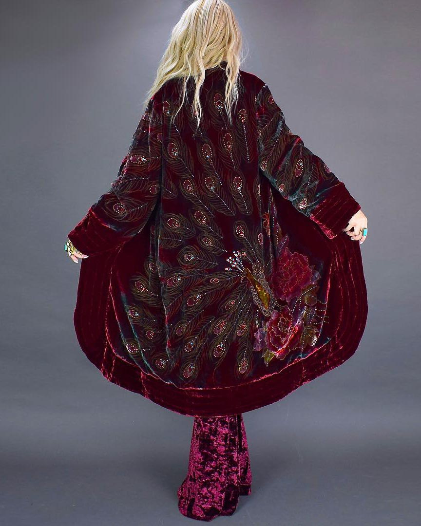 Long peacock velvet women cardigan jacket