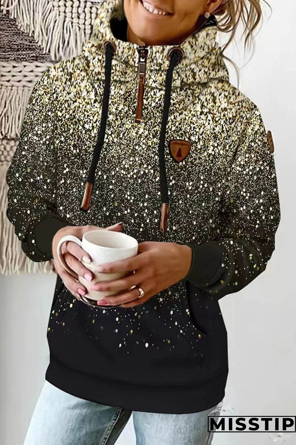 Black Casual Print Patchwork Hooded Collar Tops