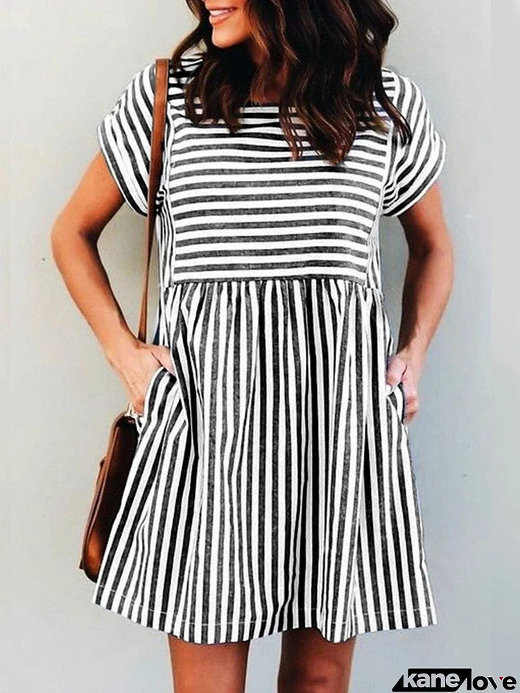 Stripe Short Sleeve Pocekts Mini Dress