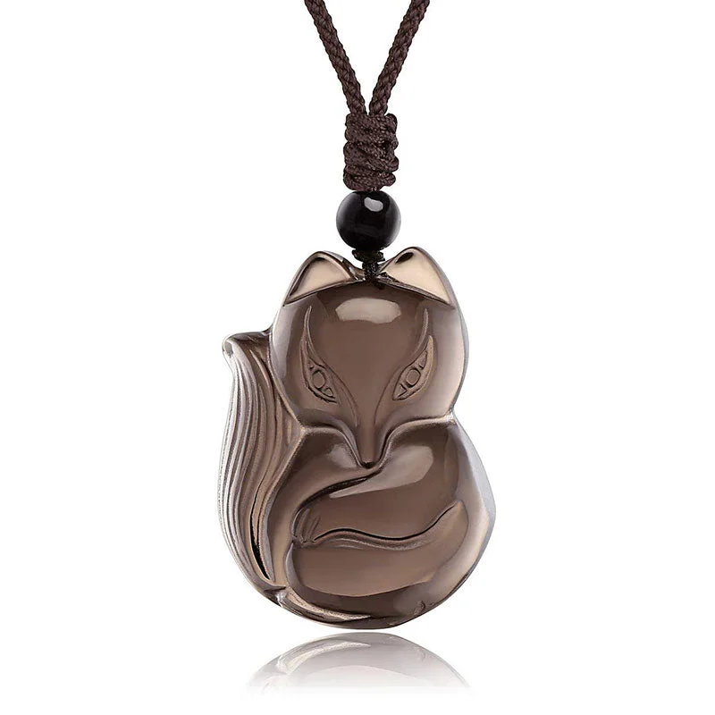 Natural Black Obsidian Tiger Eye Ice Obsidian Fox Pendant Amulet Necklace