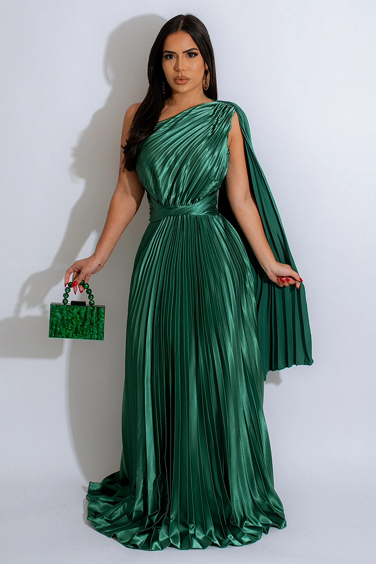 Elegant One Shoulder Pleated Cinch Waist Party Gown Cape Maxi Dresses-Green