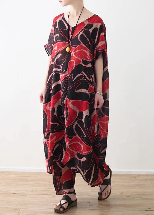 red prints chiffon v neck long tops and vintage casual pants two pieces