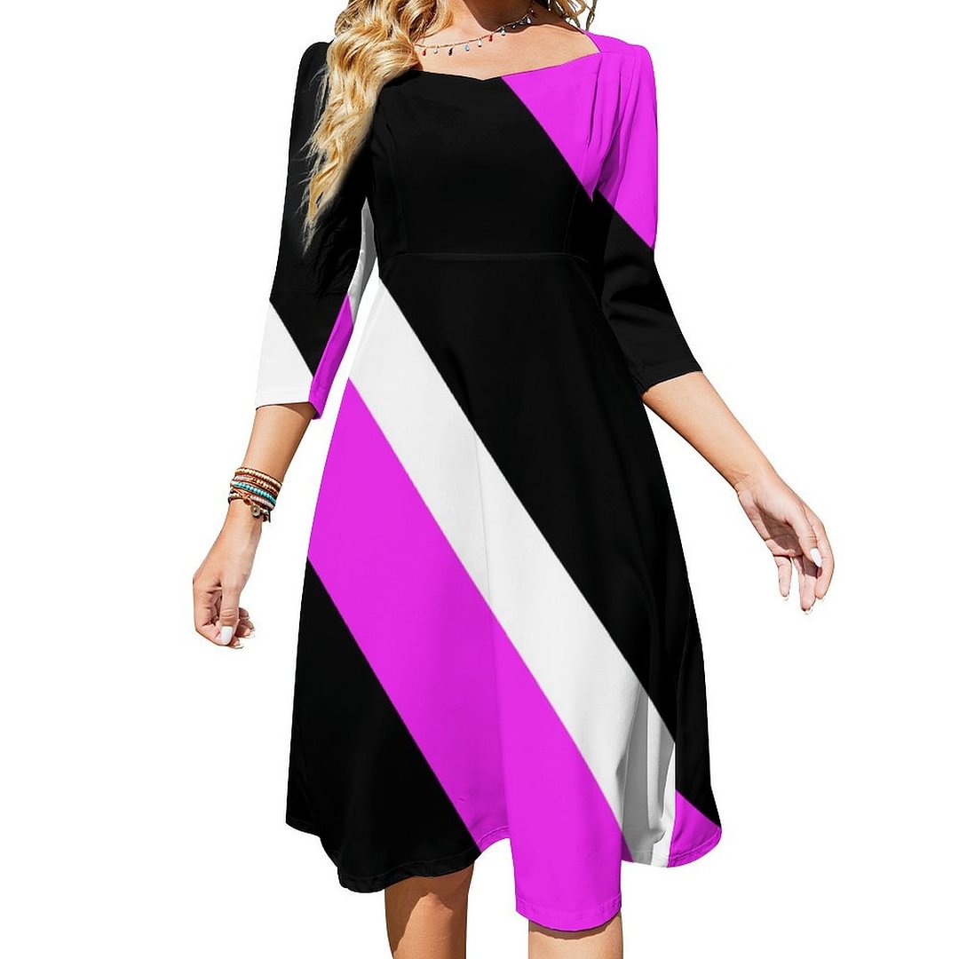 Elegant Hot Pink Black Striped Pattern Dress Sweetheart Tie Back Flared 3/4 Sleeve Midi Dresses