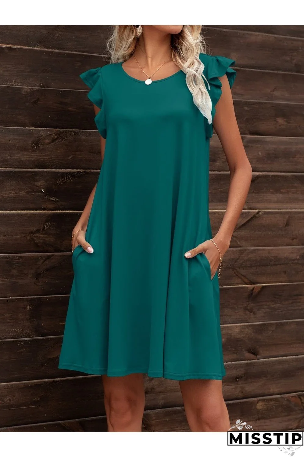 Round Neck Flutter Sleeve Dress with Pockets