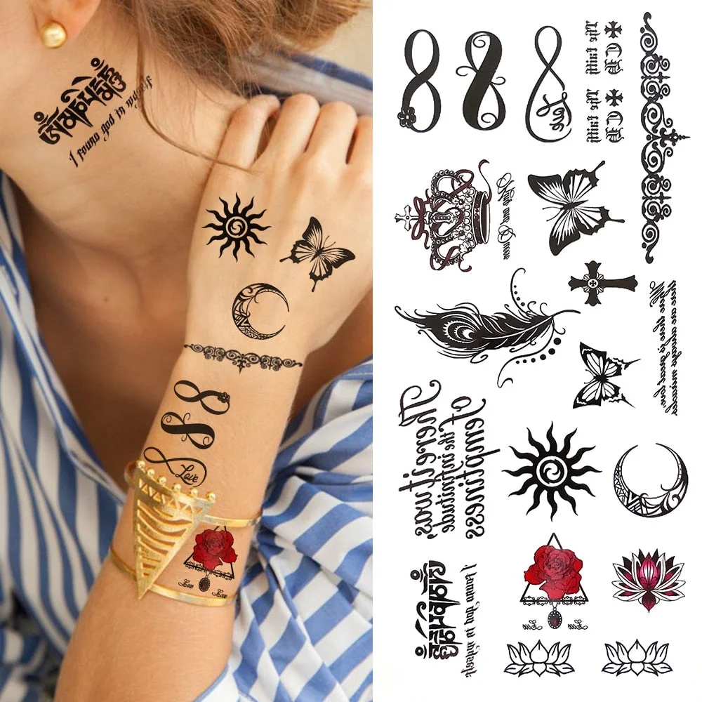 Minimalist Letter Temporary Tattoo For Children Women Small Word Tattoos Sticker Black Endless Heart Fake Tatoos Chains Clavicle