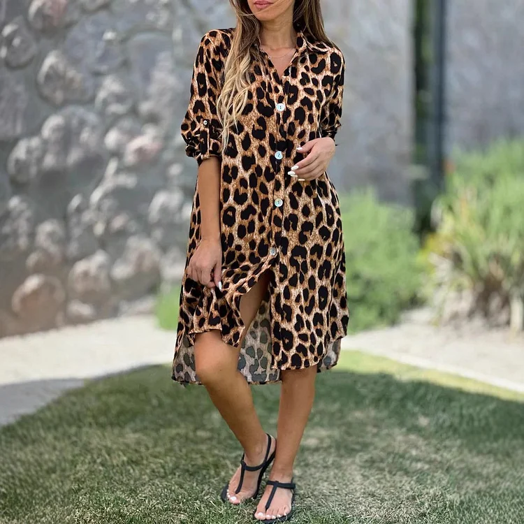 Casual Leopard Print Button-Down Dress 