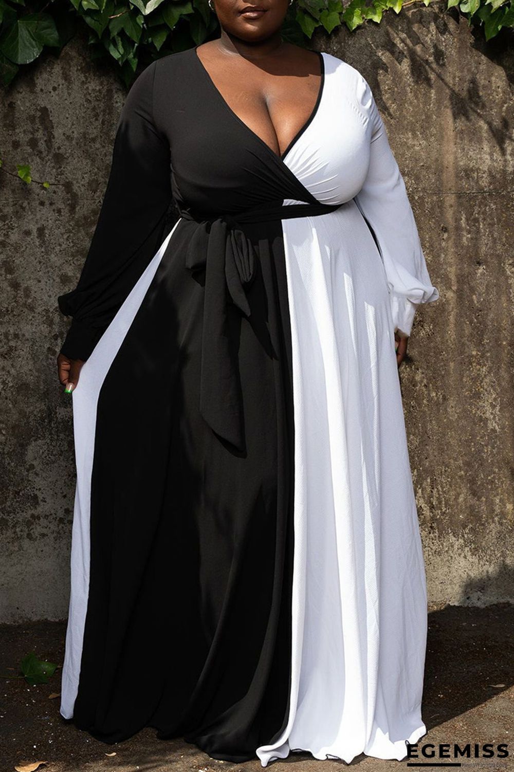 Black White Casual Solid Patchwork Contrast V Neck Long Sleeve Plus Size Dresses | EGEMISS