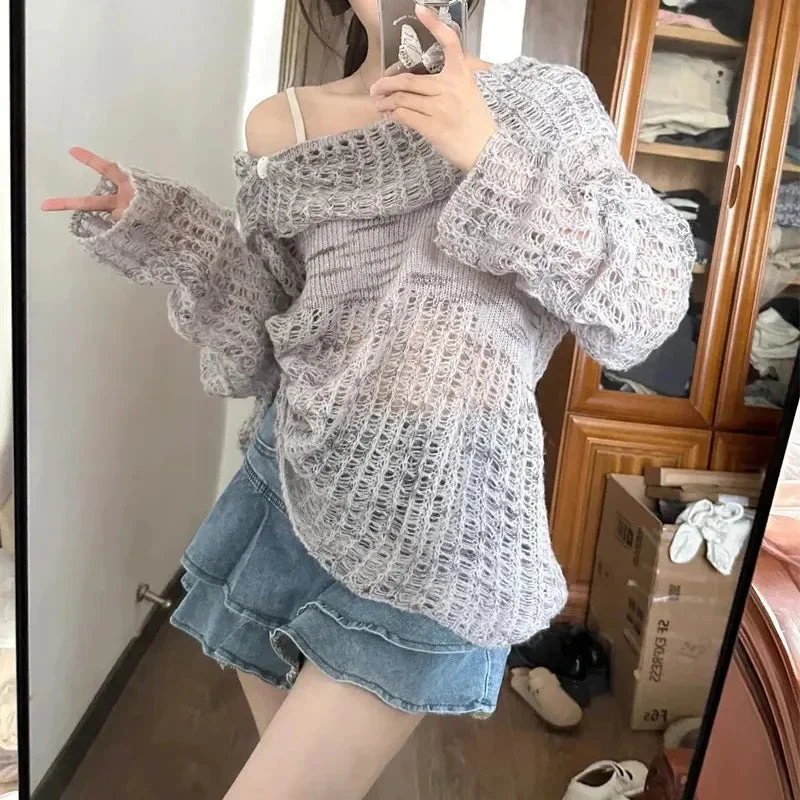 Tlbang Vintage Hollow Out Sweater Women Harajuku Grunge Off Shoulder Knitted Jumper Lazy Loose Pullover Y2K Tops Korean 2000s