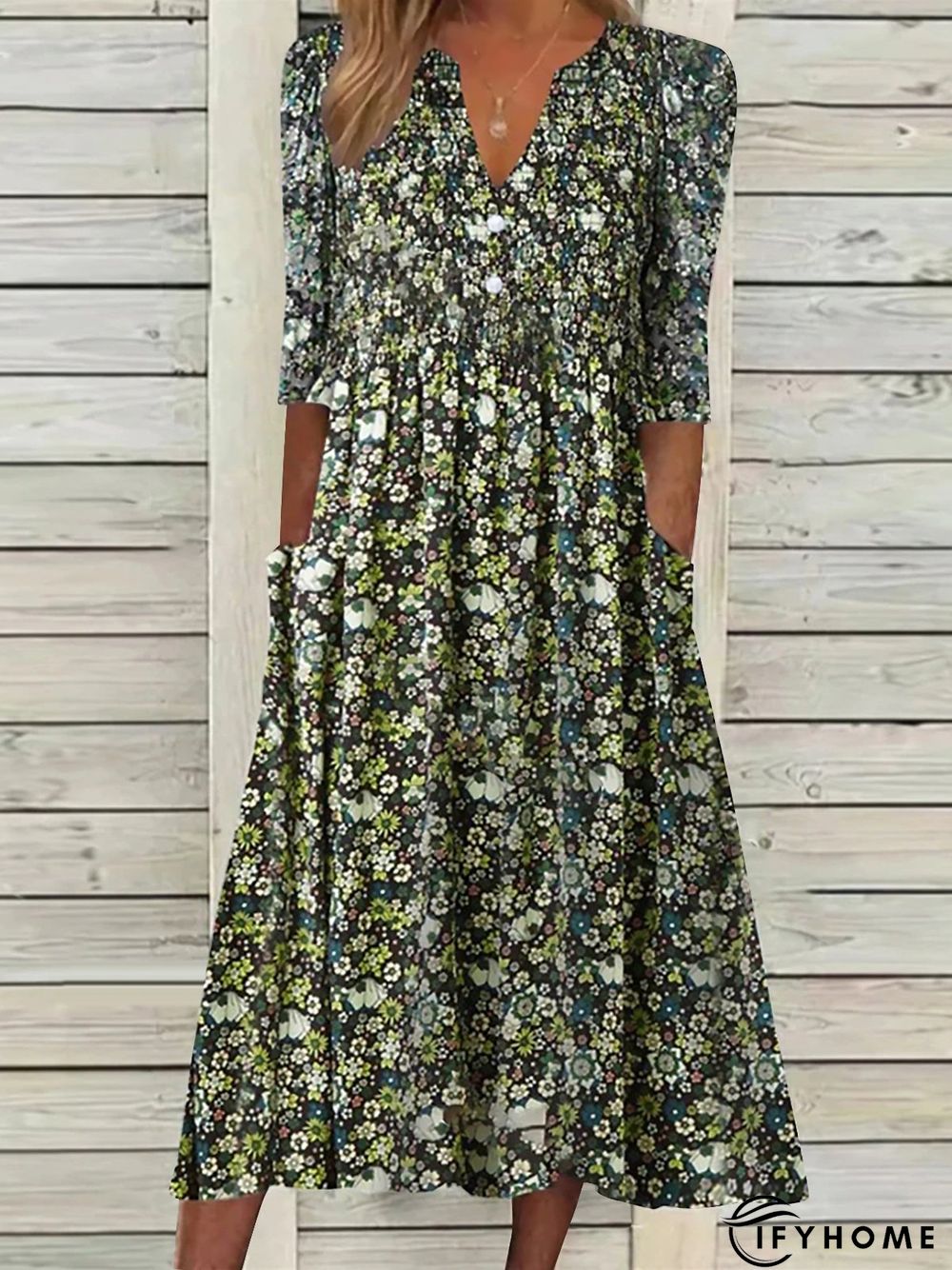 Casual Short Sleeve Woven V Neck Floral Midi Dress | IFYHOME