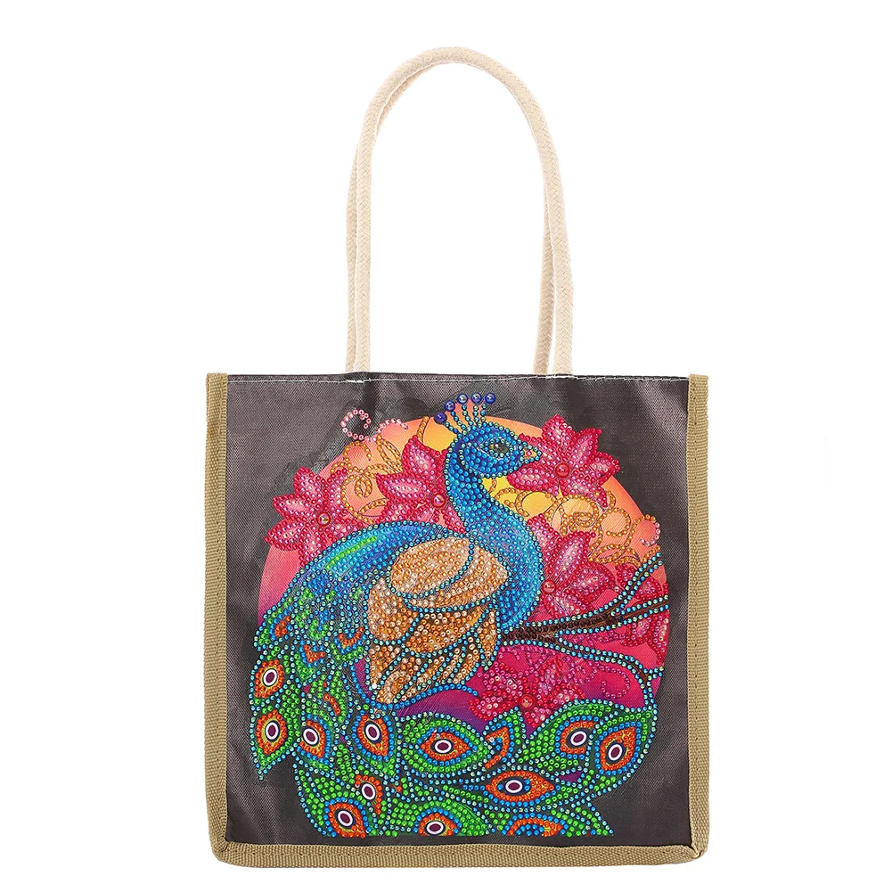 Peacock Diamond Painting Handbag DIY Linen Shopping Tote Bag