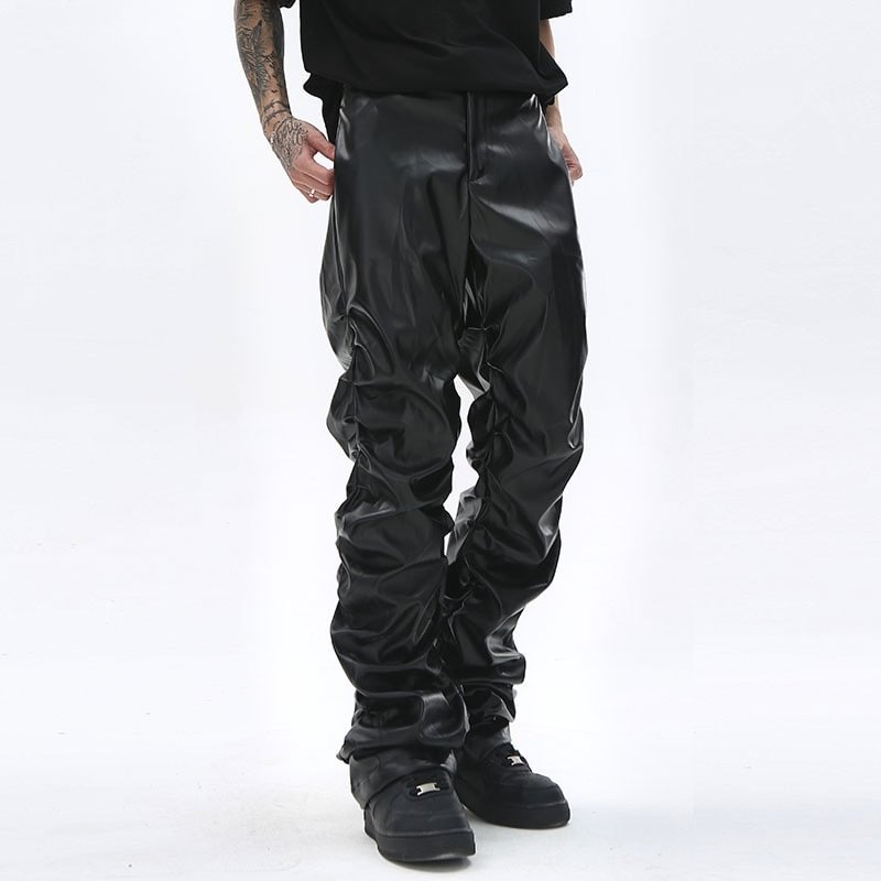 Hip Hop Streetwear Mens Loose Black Ruched PU Leather Pants-VESSFUL