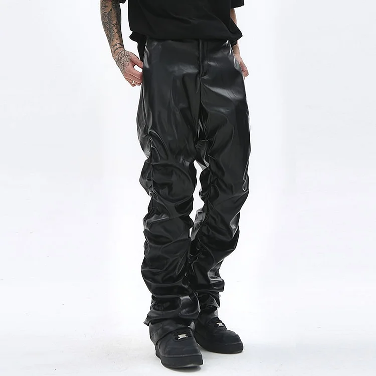 Hip Hop Streetwear Mens Loose Black Ruched PU Leather Pants at Hiphopee