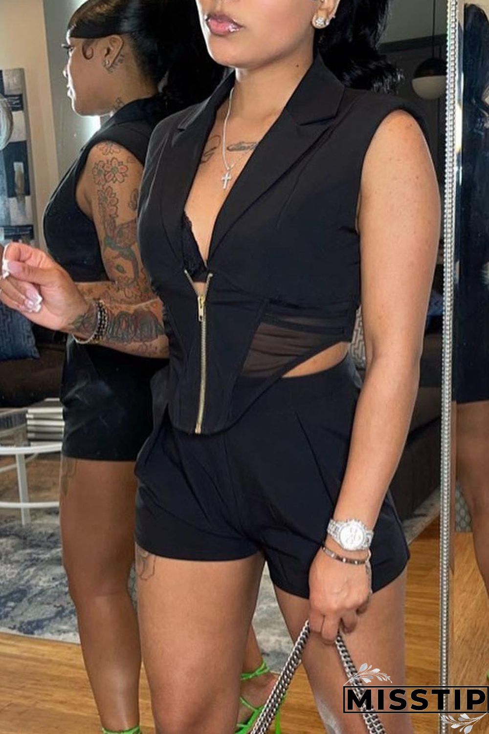 Black Fashion Casual Solid Patchwork Zipper Turn-back Collar Sleeveless Two Pieces