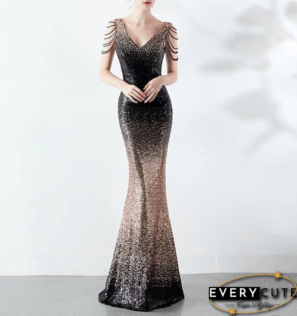 6 Colors Sexy Sequined Evening Party Gowns Women's Deep V Neck Floor-length Cocktail Dress Slim Mermaid Prom Dresses