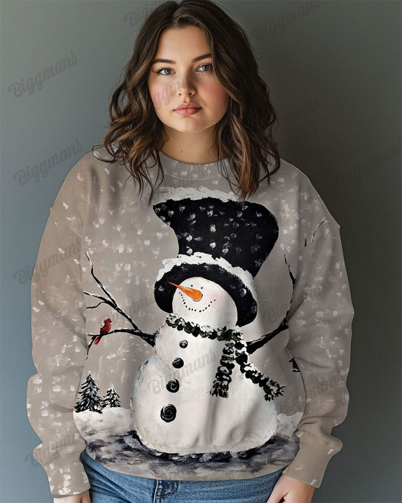 Plus Size Vintage Snowman Print Casual Long Sleeve Sweatshirt