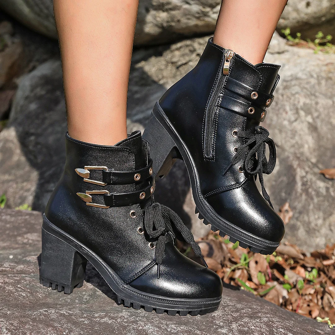 Yyvonne Round Head Tie In Autumn And Winter 2025 With Martin Boots Female English Wind Belt Buckle Side Zipper High Heel Short Boots