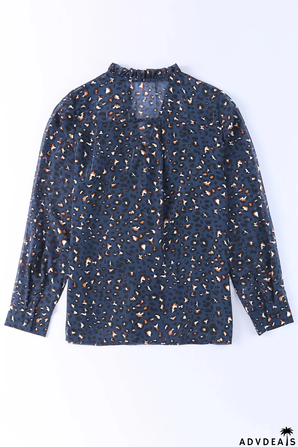 Blue Leopard Sheer Button Front Long Sleeve Shirt