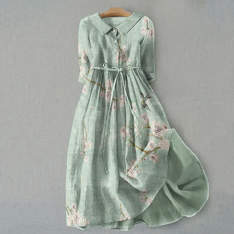 Retro Floral Graphics Print Lace-Up Dress