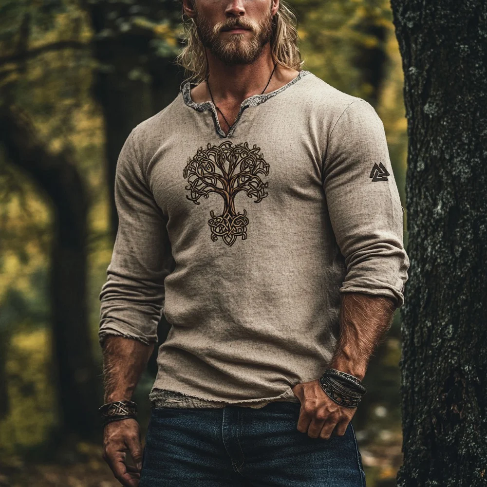 Vintage Viking Life Of Tree Celtic Mythology Linen Blend Loose V-neck Shirt