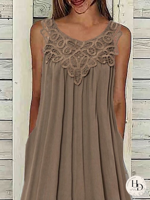 Casual Dress Cotton Linen Dress Tank Dress Midi Dress Cotton Blend Basic Modern Outdoor Daily Crew Neck Lace Patchwork Sleeveless Summer Spring Loose Fit Brown Plain S M L XL 2XL for Women