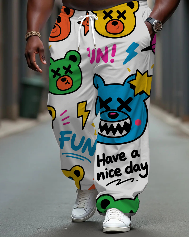 Big Men's Street Style Fun Cartoon Bear Printed Pants with Pockets & Drawstring
