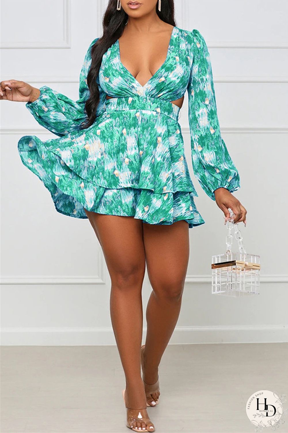 Purplish Blue Fashion Casual Print Hollowed Out V Neck Long Sleeve Dresses