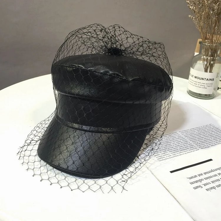 Faux Leather Newsboy Hat with Veil Mesh