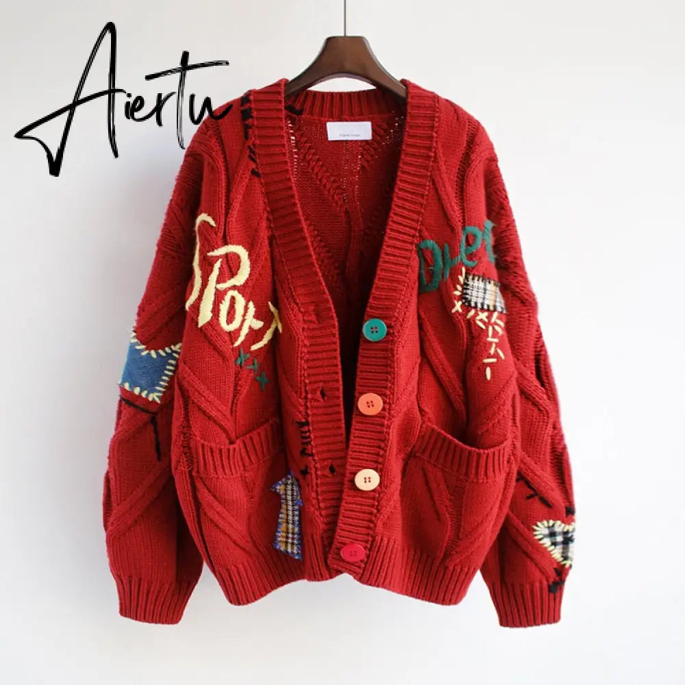 Autumn Winter Women Cardigans Warm Knitted Sweater Jacket Pocket Embroidery Fashion Knit Cardigan Coat Lady Loose Sweaters tops Aiertu