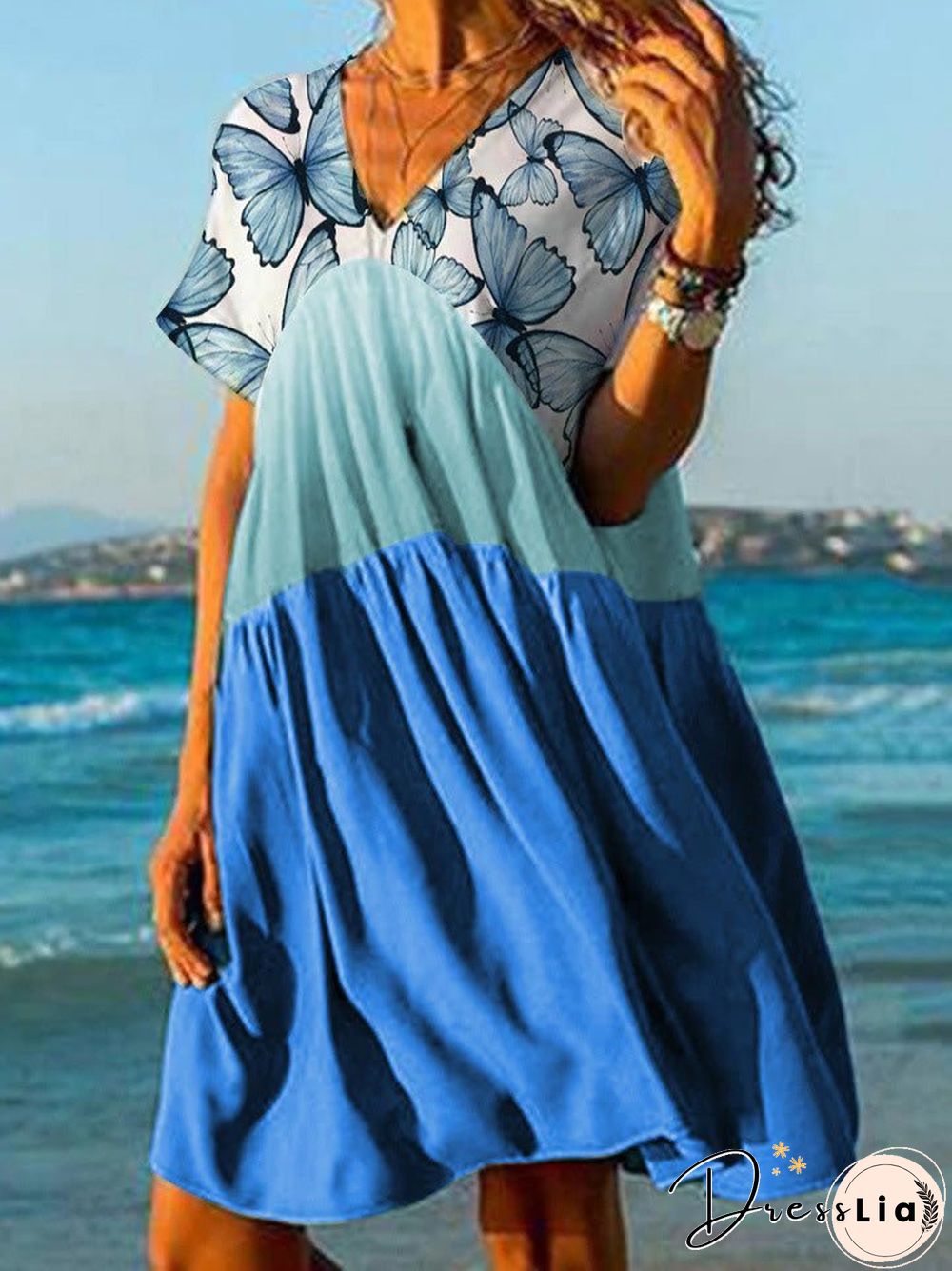 Women'S Dresses Butterfly Print V-Neck Short Sleeve Dress