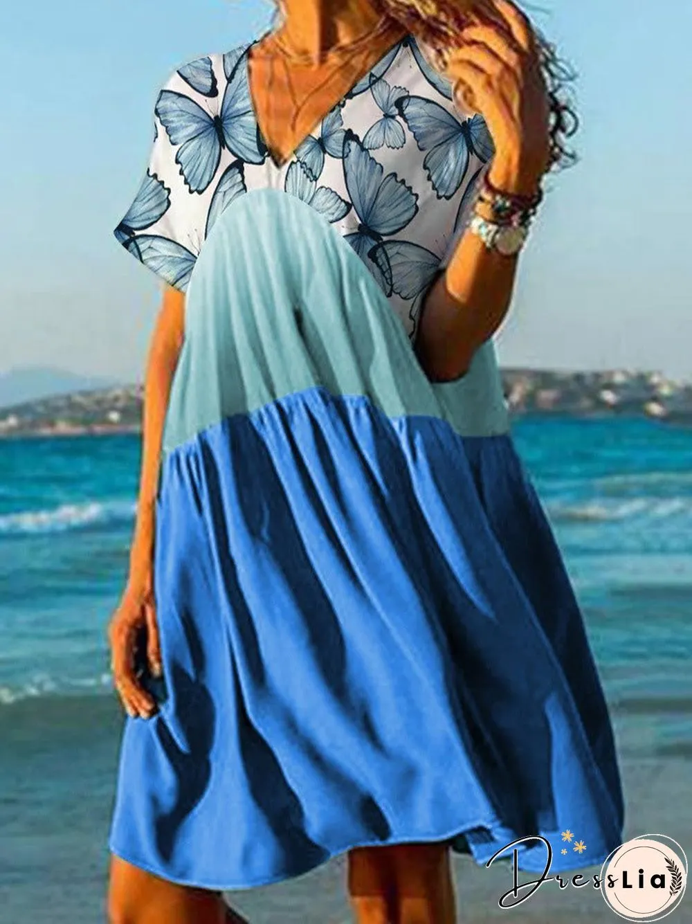 Women'S Dresses Butterfly Print V-Neck Short Sleeve Dress