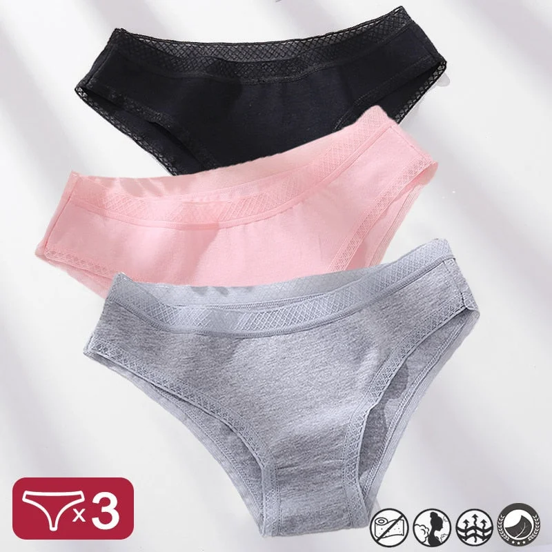 3PCS/Set Mesh Waistband Cotton Panties Women's Briefs Underwear Sexy Lingerie Panties Female Underpants Solid Color Girls Pantys