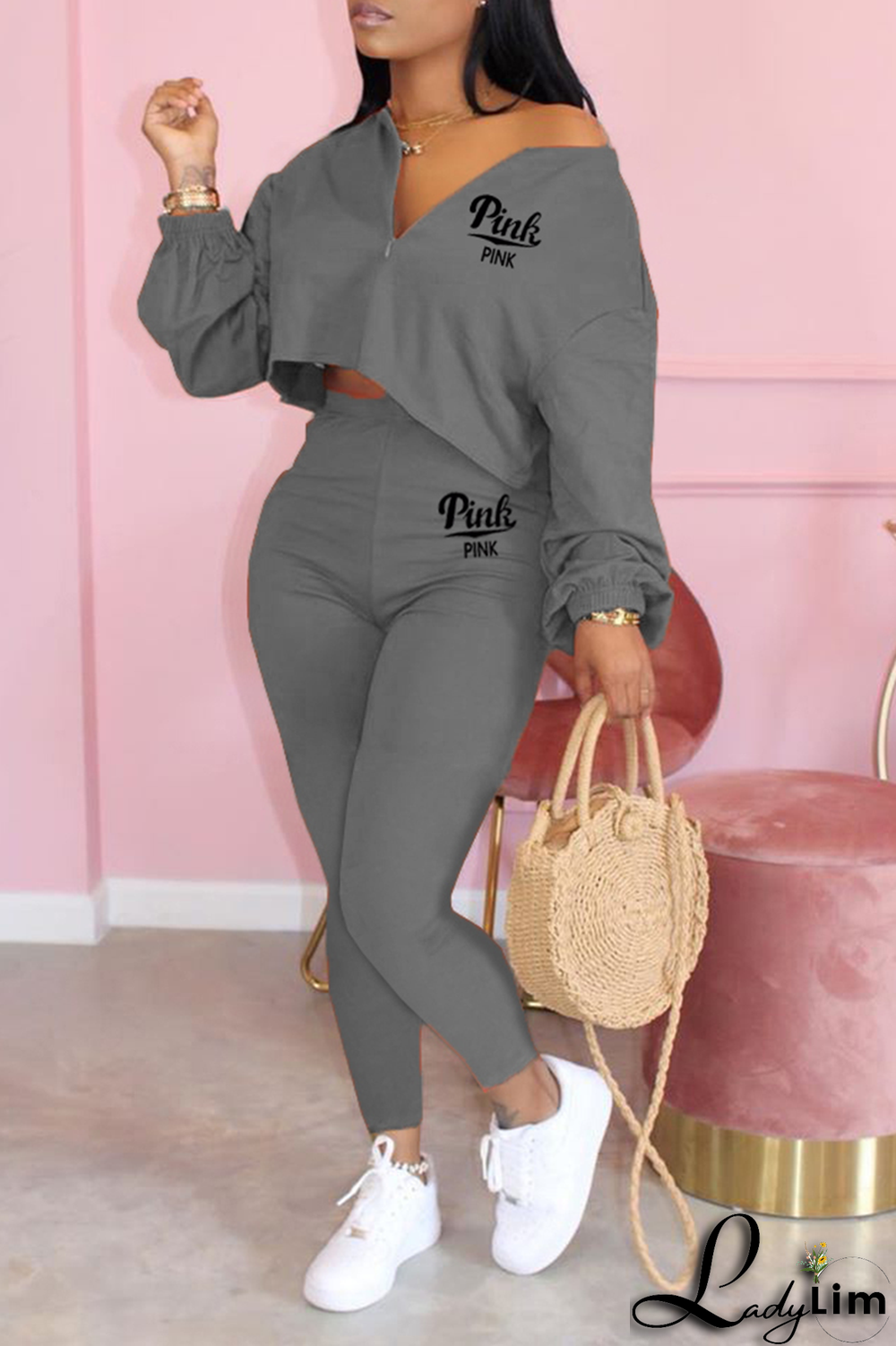 Army Green Fashion Print Patchwork V Neck Long Sleeve Two Pieces