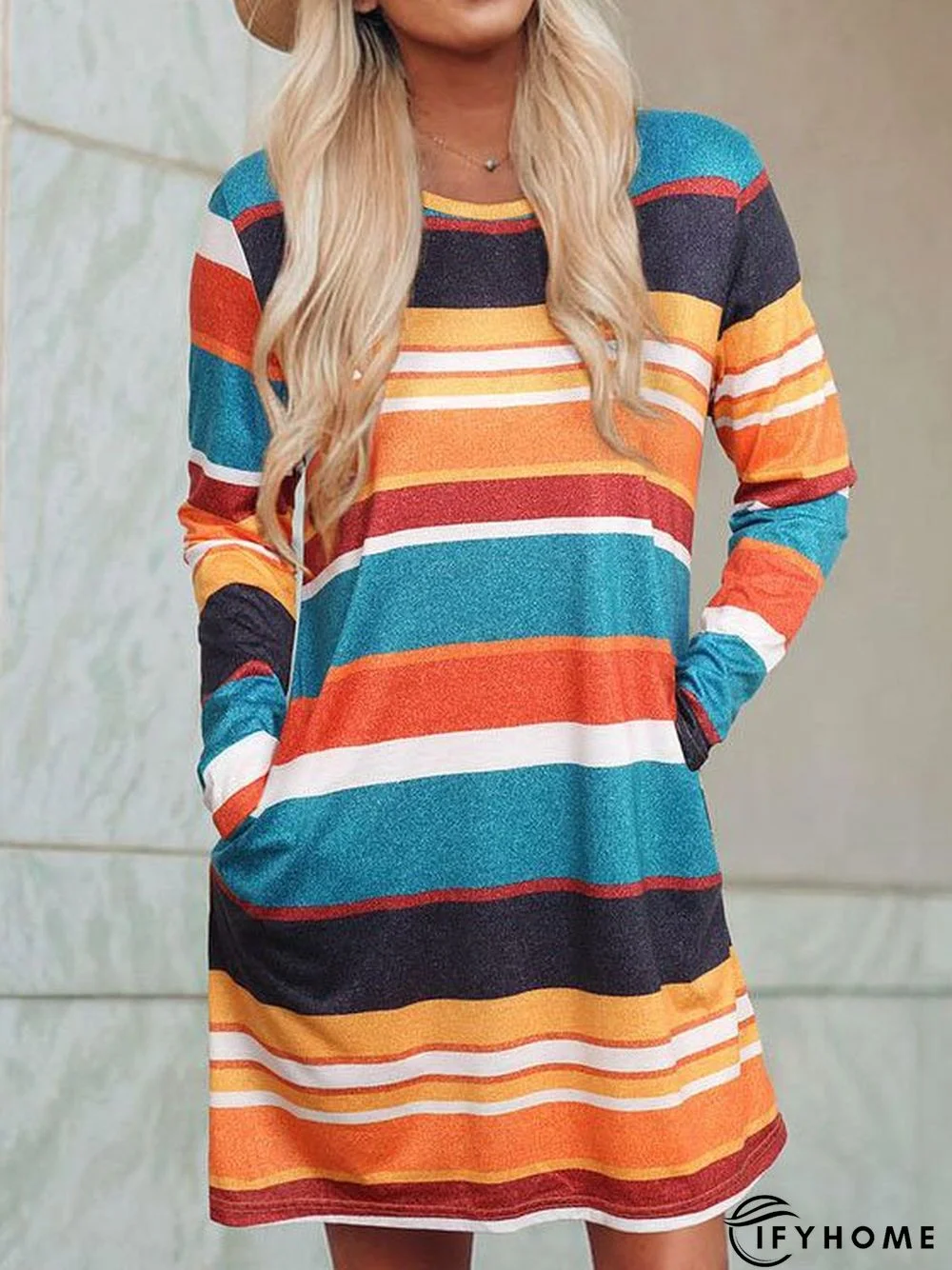 Crew Neck Vintage Pockets Long Sleeve Knitting Dress | IFYHOME