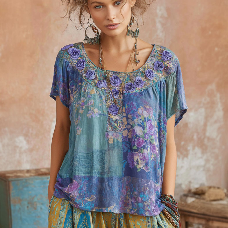 Women's Retro Rose Print Color Block Crew Neck T-shirt elevenforest