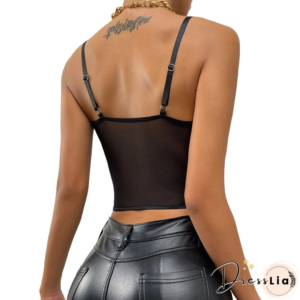 Y2k Aesthetic Mesh Cami Top Sexy Ladies Sleeveless V Neck Cropped Tshirt New Fashion Womens Tanks Shirring Camisole