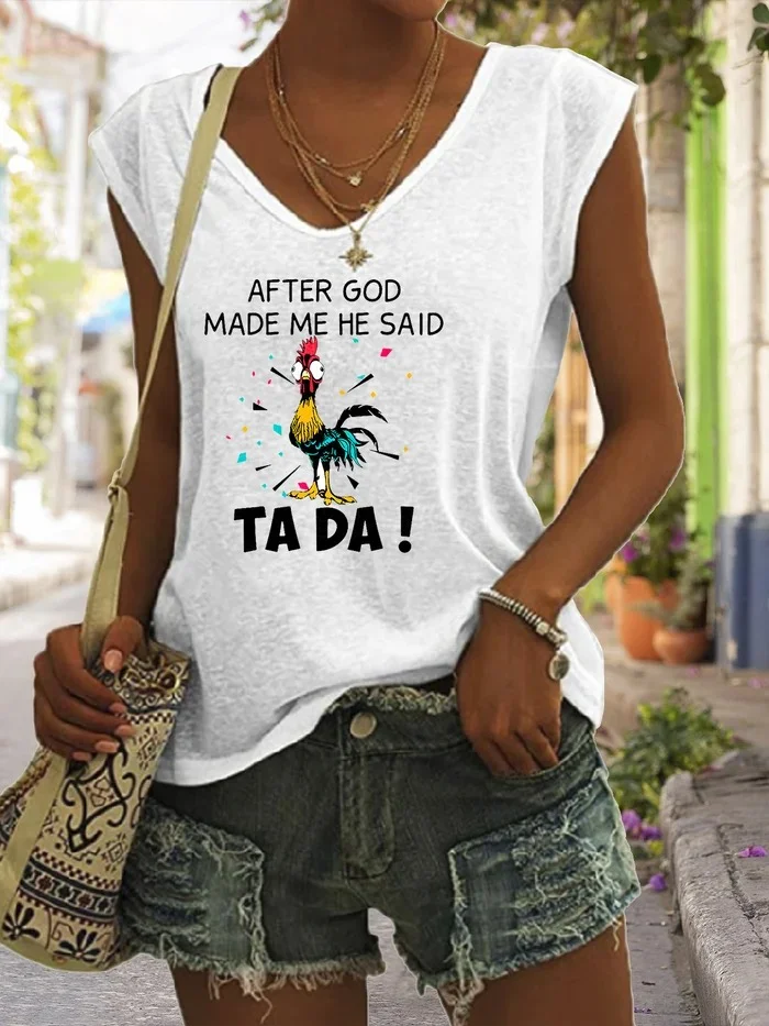 Women's After God Made Me He Said Ta Da! V-Neck Sleeveless Tee