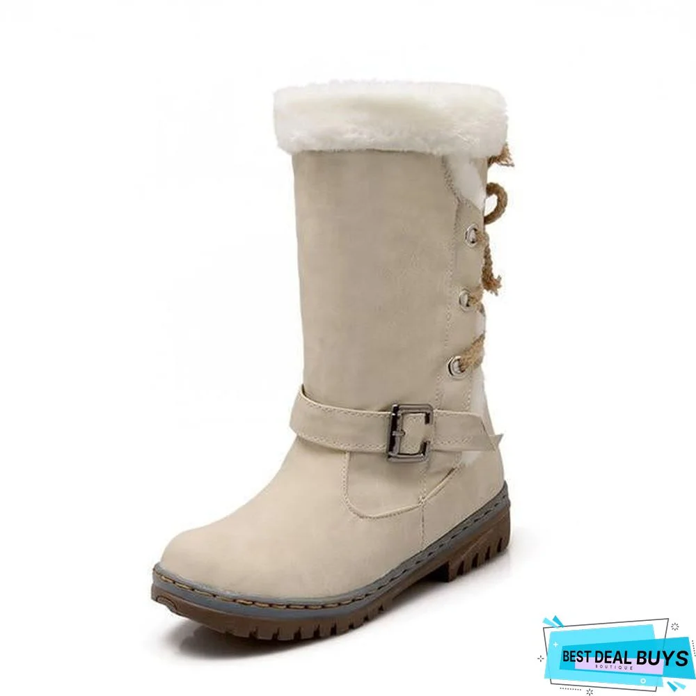 Women Leather Warm mid-calf Plush Fur Velvet Boots Booties Snow Shoes