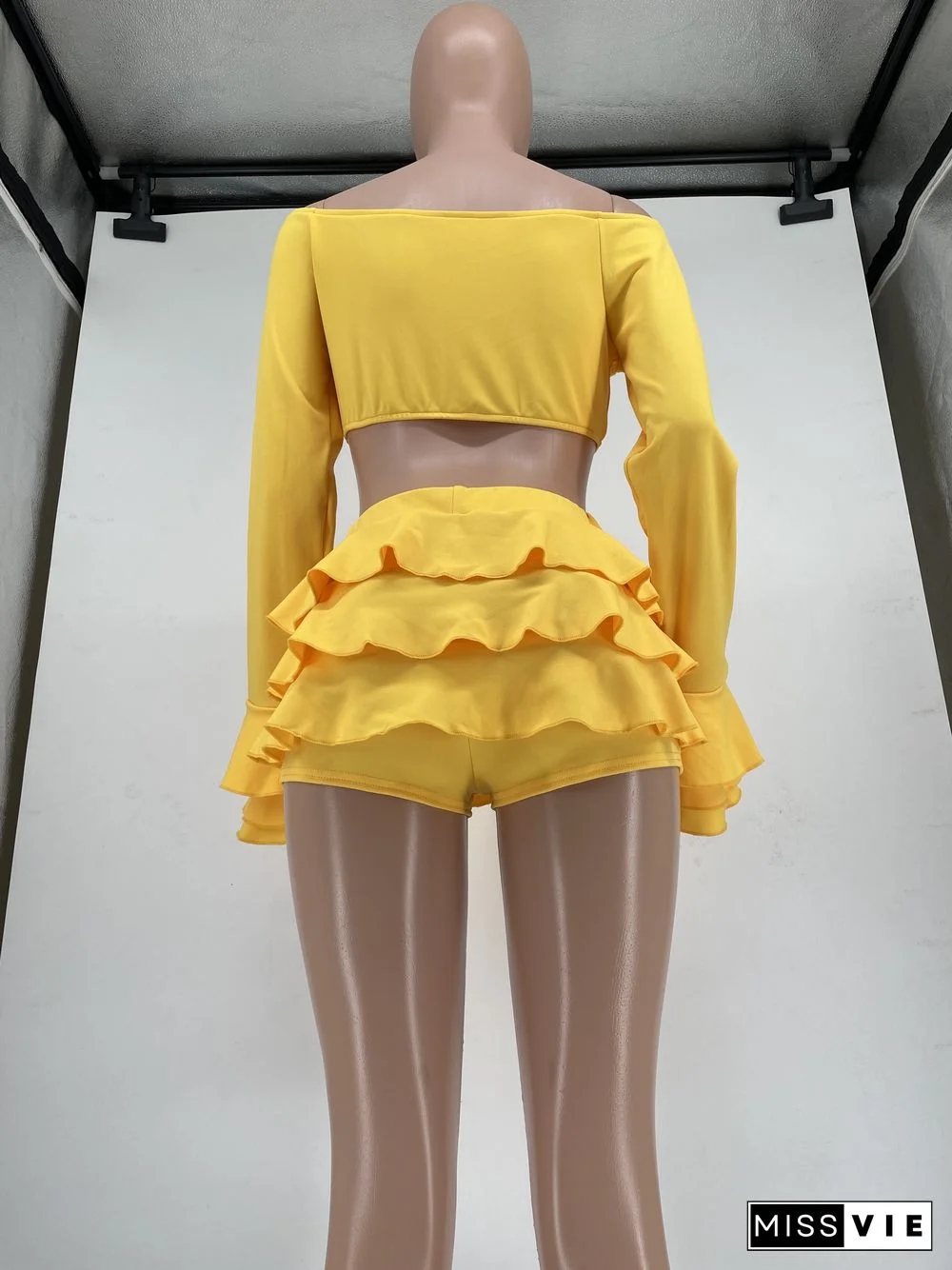 Sexy Off Shoulder Crop Tops Ruffle Mini Skirt Sets