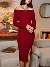 Retro Off-The-Shoulder Slim Split-Side Solid Color Sweater Midi Dress